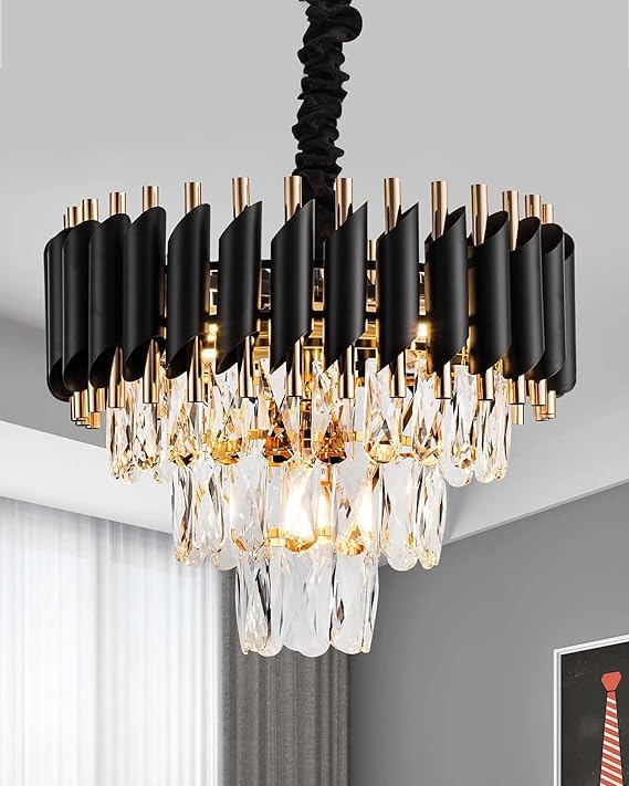 3-Tier LED Crystal Chandelier – Black & Gold (400mm)