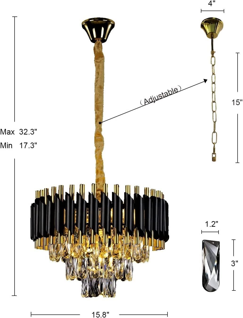 3-Tier LED Crystal Chandelier – Black & Gold (400mm)