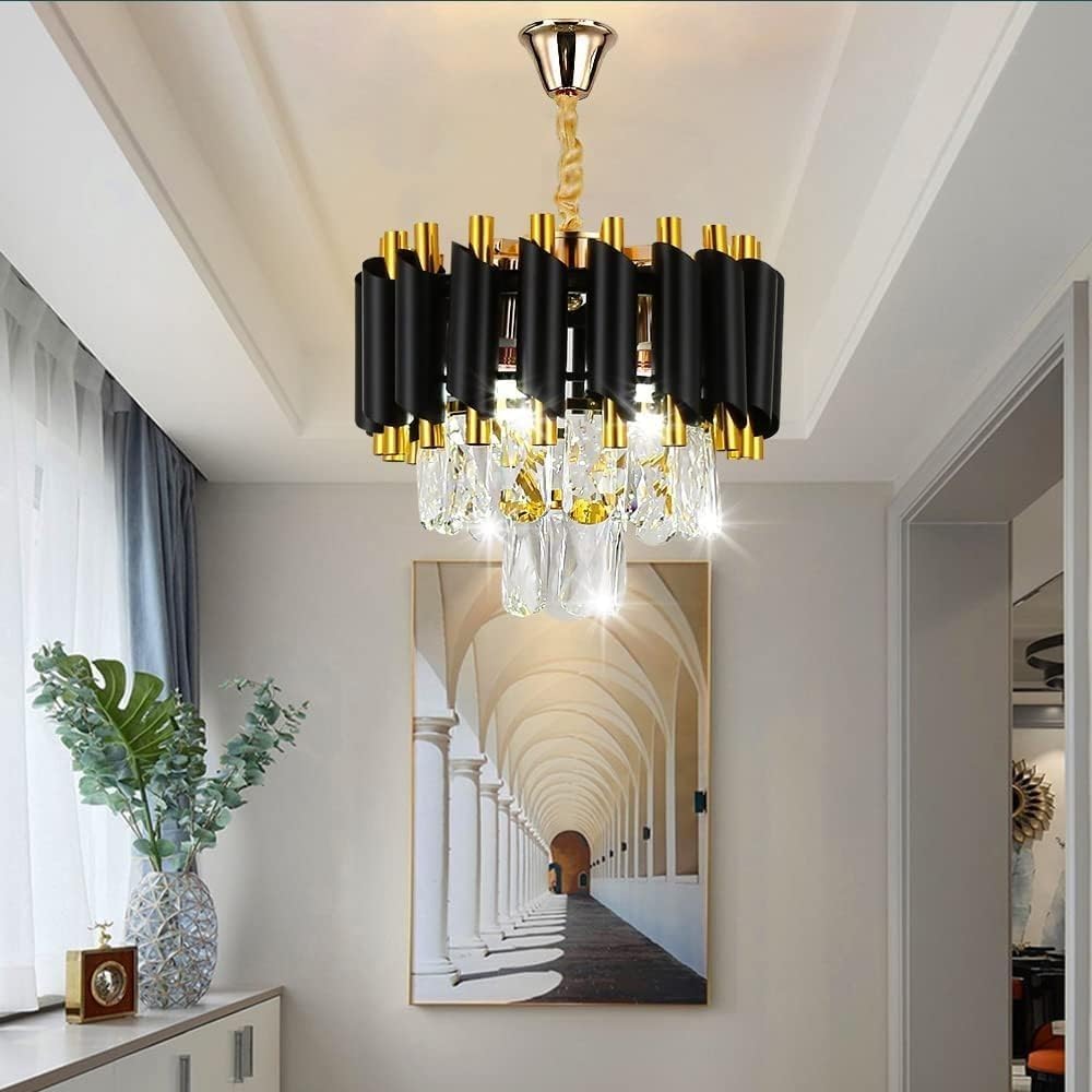 K9 Crystal LED Pendant Chandelier – Black & Gold (300mm)