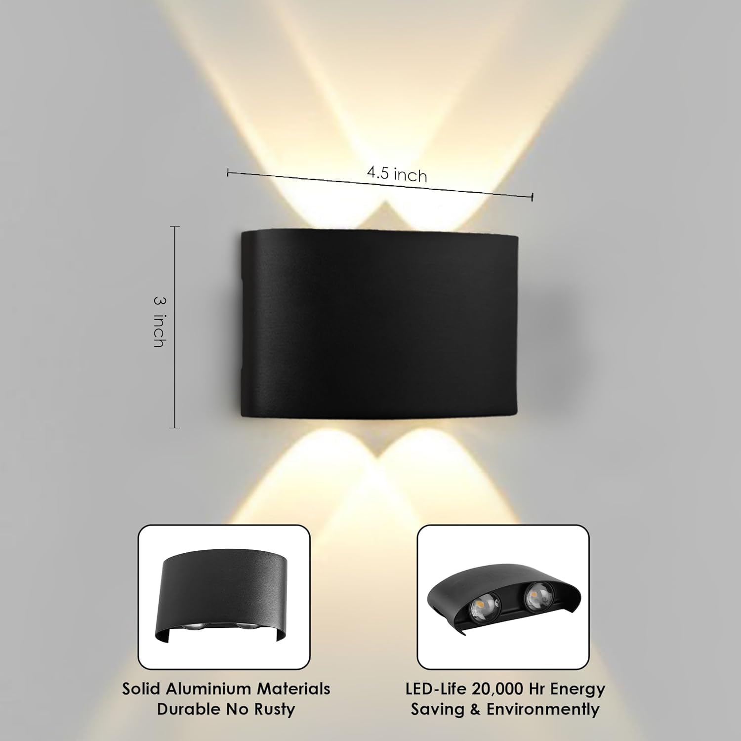 4-Way LED Wall Light – Black (2 Up 2 Down, Waterproof)