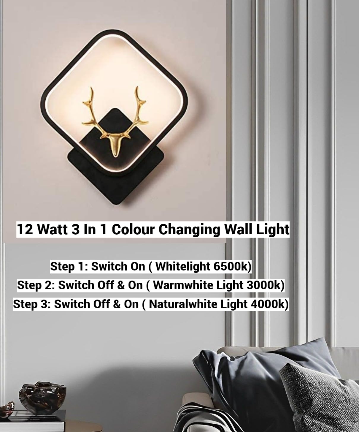 Luxurious Deer Wall Lamp – Black Square with 3-Color Adjustable LED
