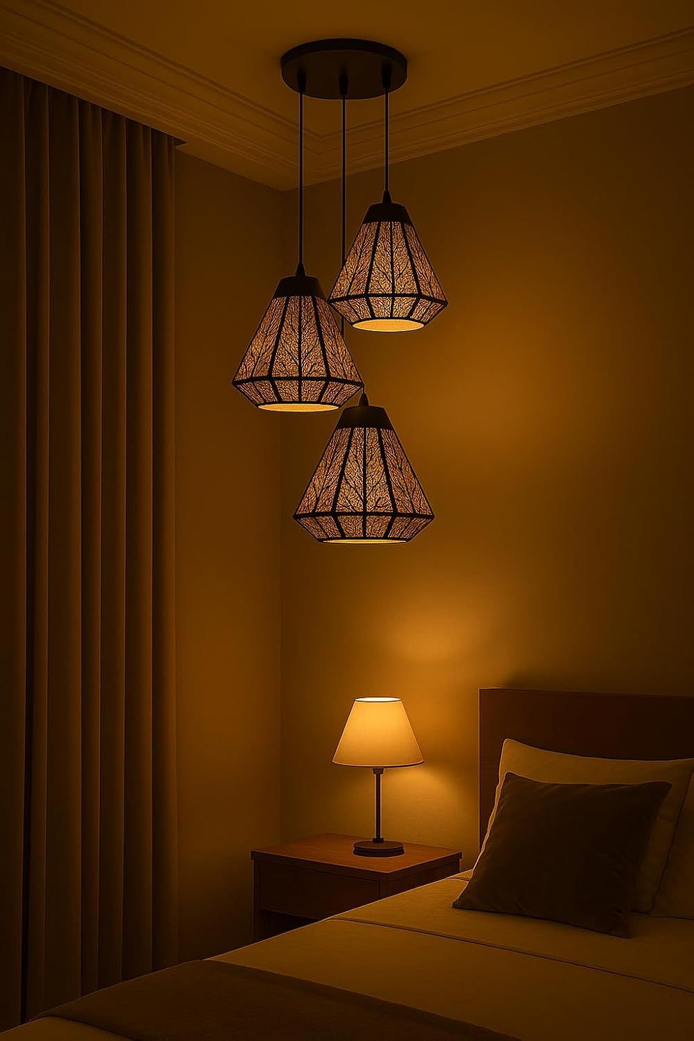 MDM LIGHT Modern Black Metal Hanging Pendant Light with Tree Pattern Cutwork – 3-Color Ambient Ceiling Lamp (Warm/Neutral/White) for Bedroom, Living Room, Café, or Dining Area (Set of 3)