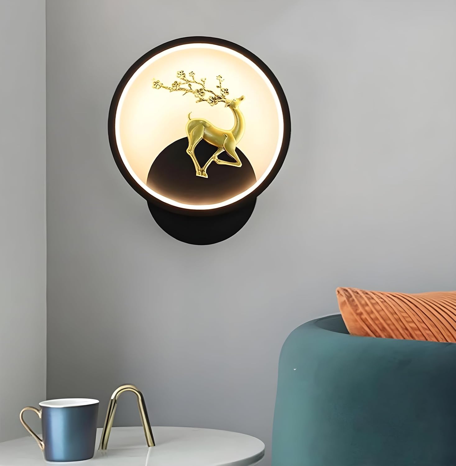 Home Decor LED Fancy Wall Light, Night Lamp, Decorative Lamp, (Black Deer Round)