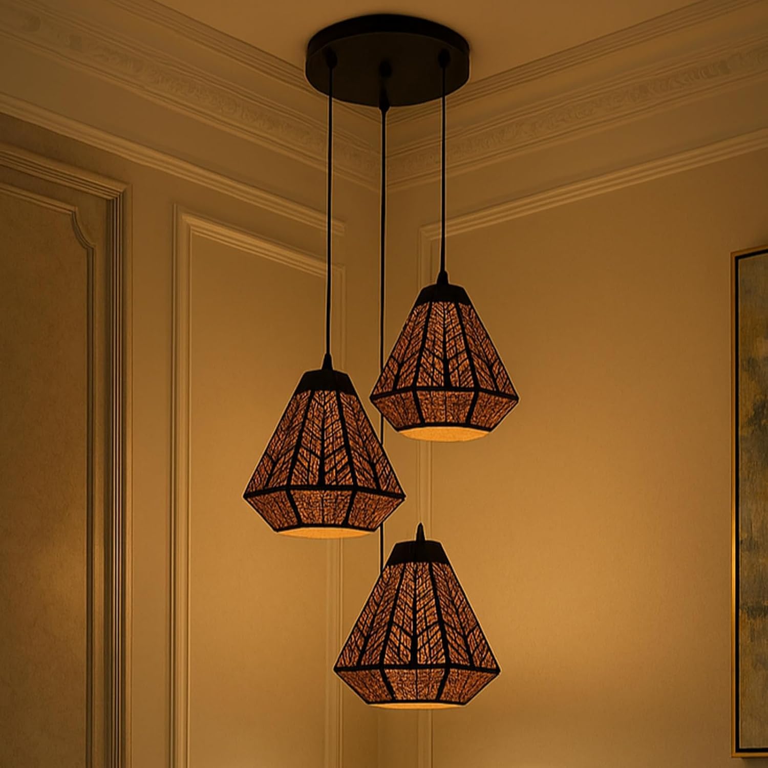 MDM LIGHT Modern Black Metal Hanging Pendant Light with Tree Pattern Cutwork – 3-Color Ambient Ceiling Lamp (Warm/Neutral/White) for Bedroom, Living Room, Café, or Dining Area (Set of 3)