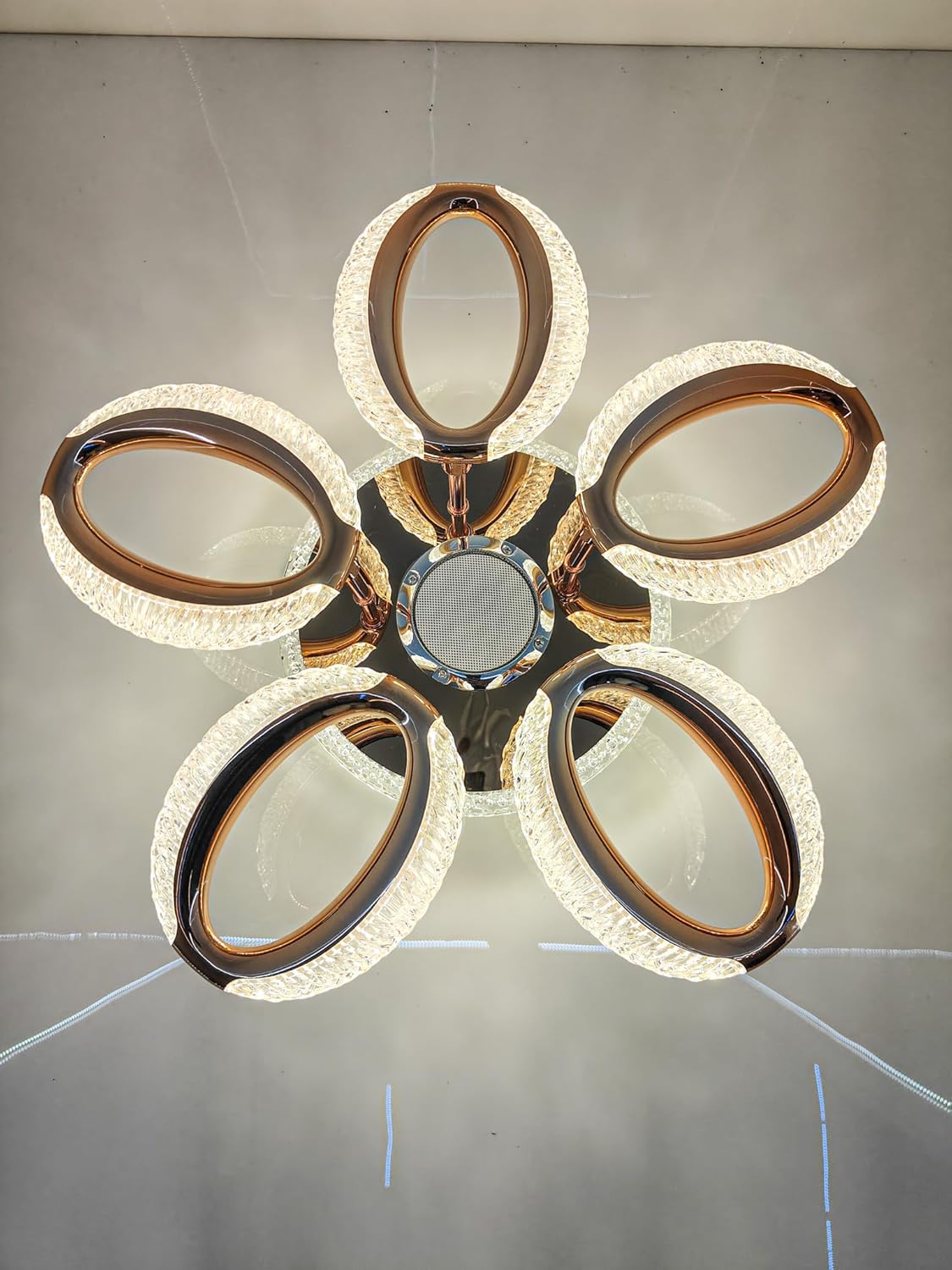 MDM LIGHT Modern Crystal LED Chandelier, 5-Ring Flower Design, Rose Gold Ceiling Light Fixture with Bluetooth Speaker & Remote Control