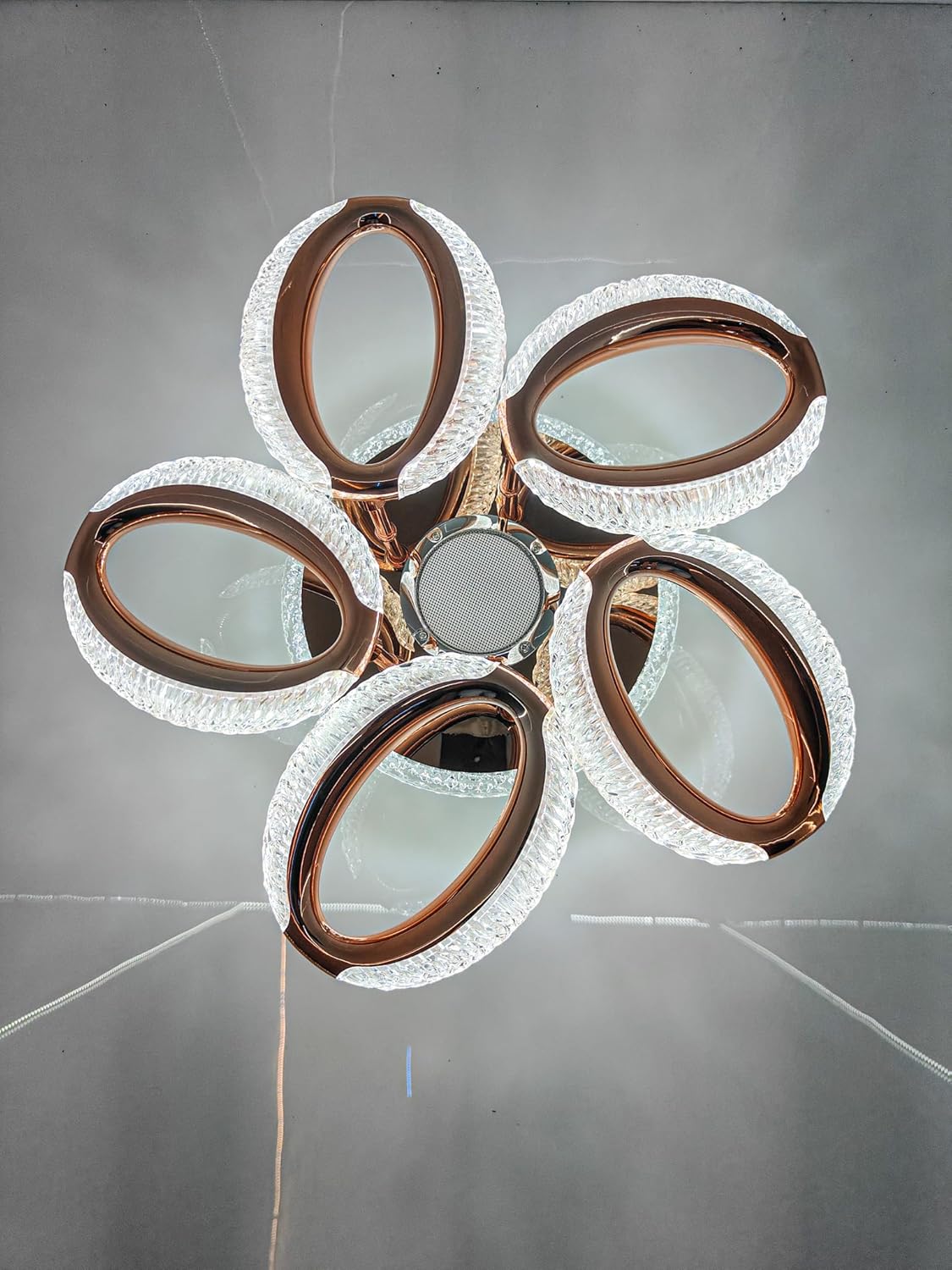 MDM LIGHT Modern Crystal LED Chandelier, 5-Ring Flower Design, Rose Gold Ceiling Light Fixture with Bluetooth Speaker & Remote Control