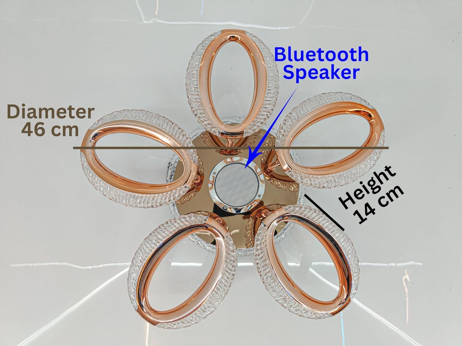 MDM LIGHT Modern Crystal LED Chandelier, 5-Ring Flower Design, Rose Gold Ceiling Light Fixture with Bluetooth Speaker & Remote Control