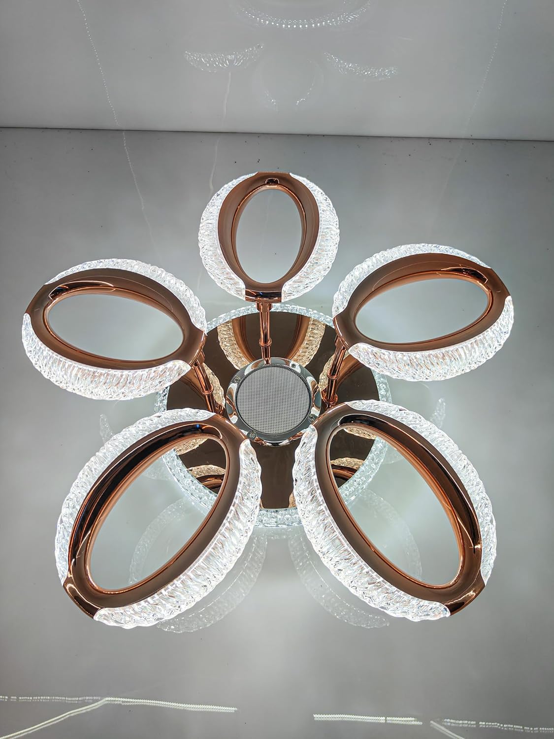 MDM LIGHT Modern Crystal LED Chandelier, 5-Ring Flower Design, Rose Gold Ceiling Light Fixture with Bluetooth Speaker & Remote Control